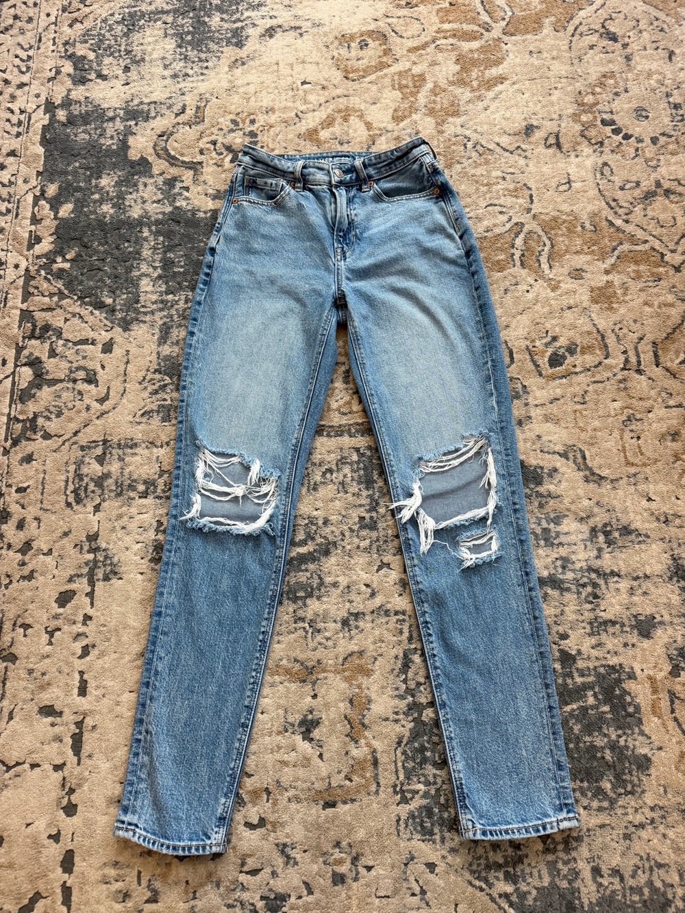 American Eagle Outfitters Light Blue High-Rise Distressed Mom Jeans